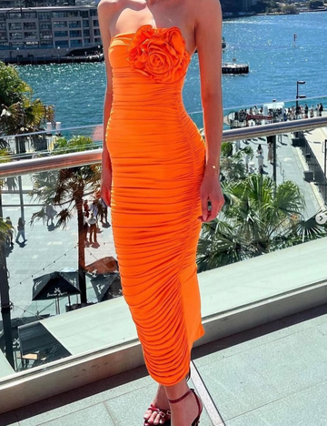 Charming Sheath Strapless 3D Floral Orange Satin Prom Dress Evening Dress HZ1023
